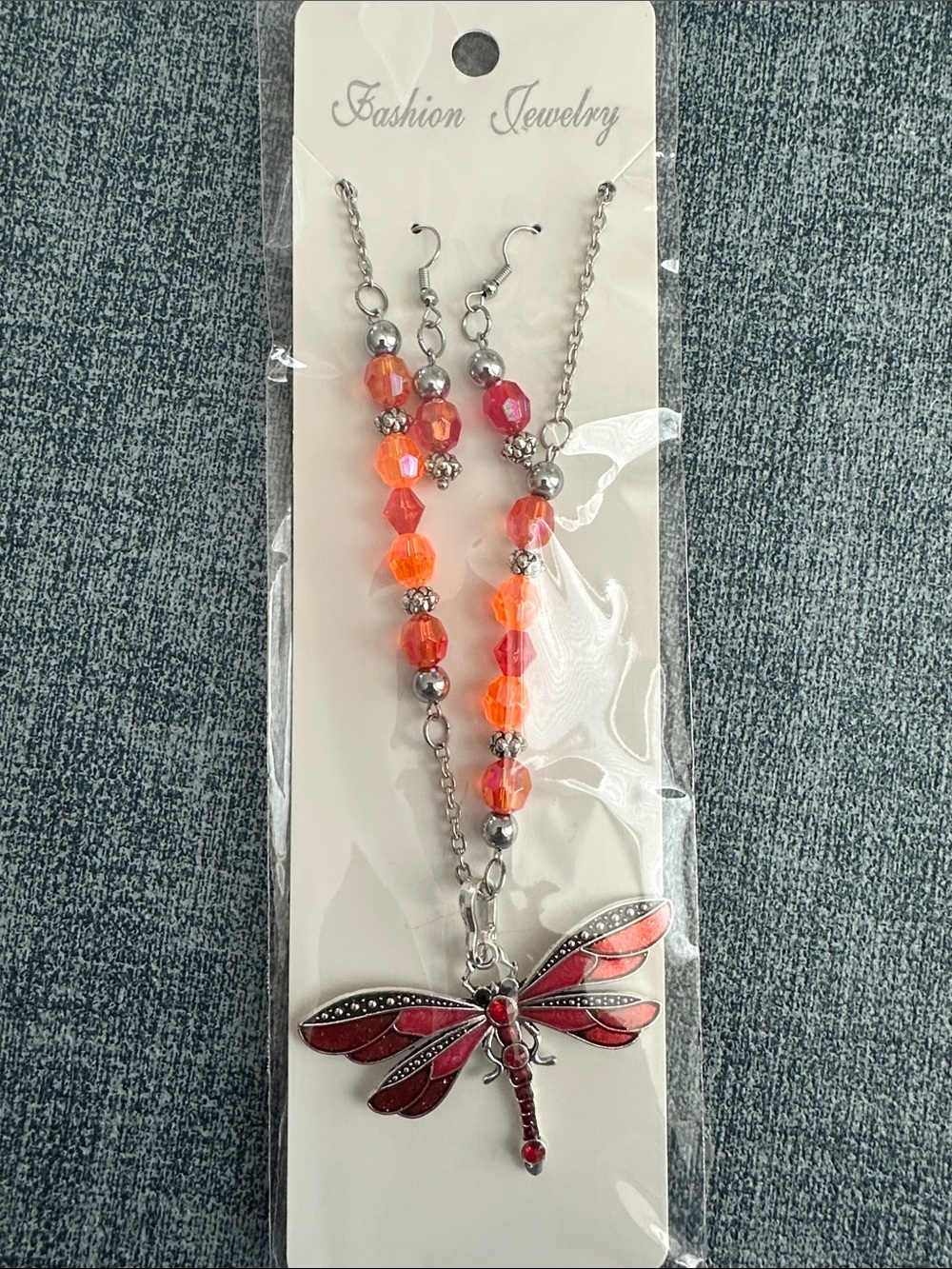 Fashion Jewelry Red-Pink & Orange Dragonfly Necklace with Beaded Earrings